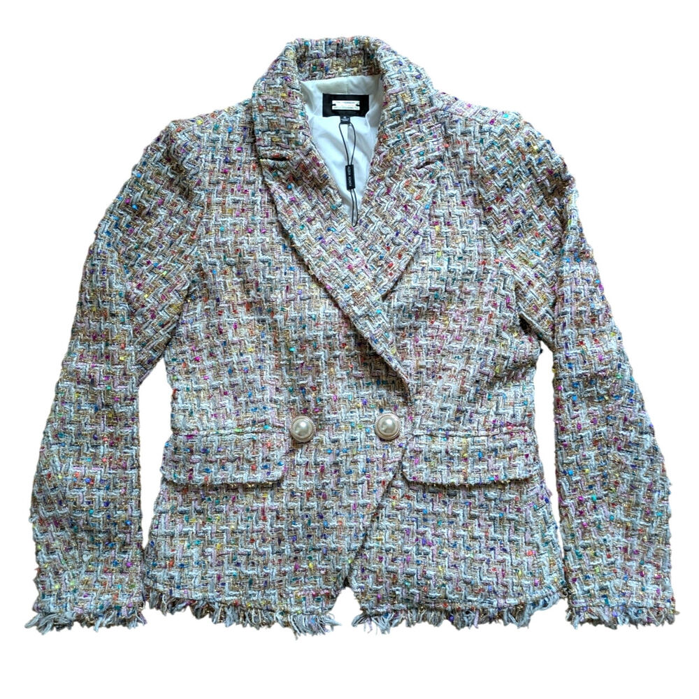 NWT Alexia Admor Pink Multicolor Tweed Fringe Blazer Size 8